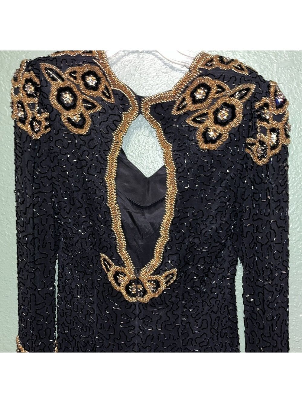 vintage long sleeve heavily beaded black and gold silk dress 70s 80s Morigana - Picture 5 of 8